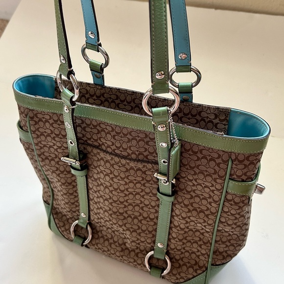 Coach Purse Tan Handbag Beige Blue Green Satchel D0849-F12344 Tote - Picture 13 of 16